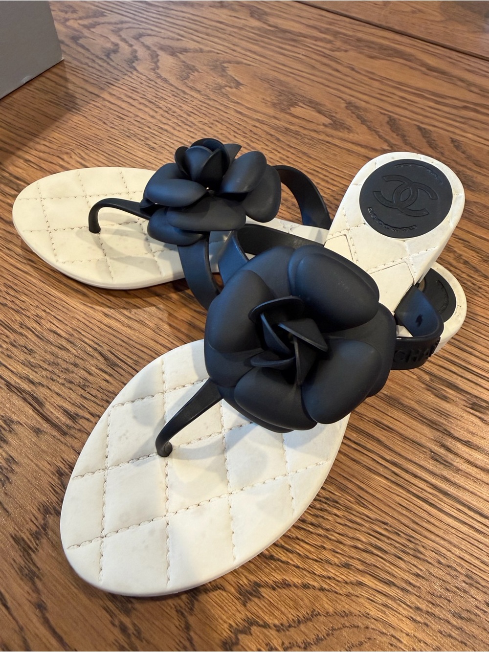 CHANEL Camellia Flower Thong Sandals Black White Size 37